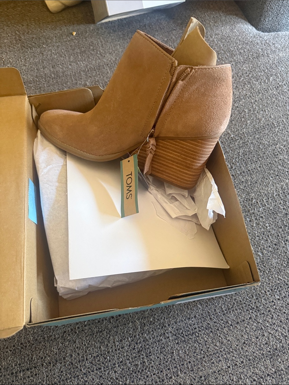 TOMS Tan Suede Ankle Booties with Stacked Heel